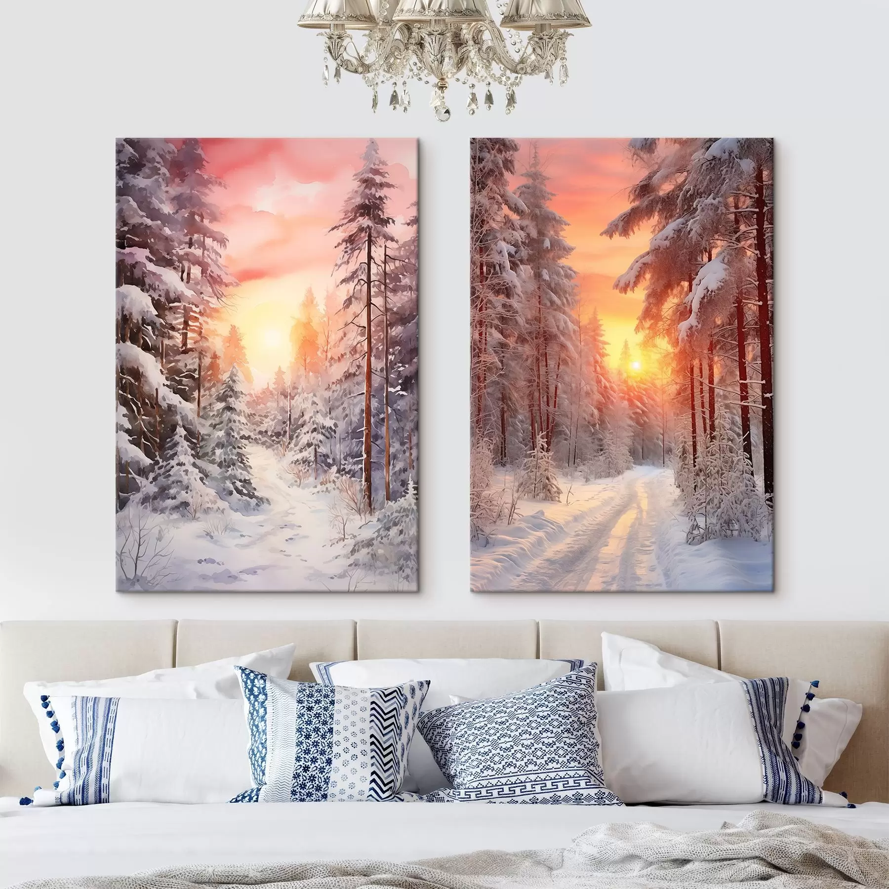 carta da parati Acquerello foresta invernale, alberi innevati, bel cielo, colori del tramonto nr. m00381