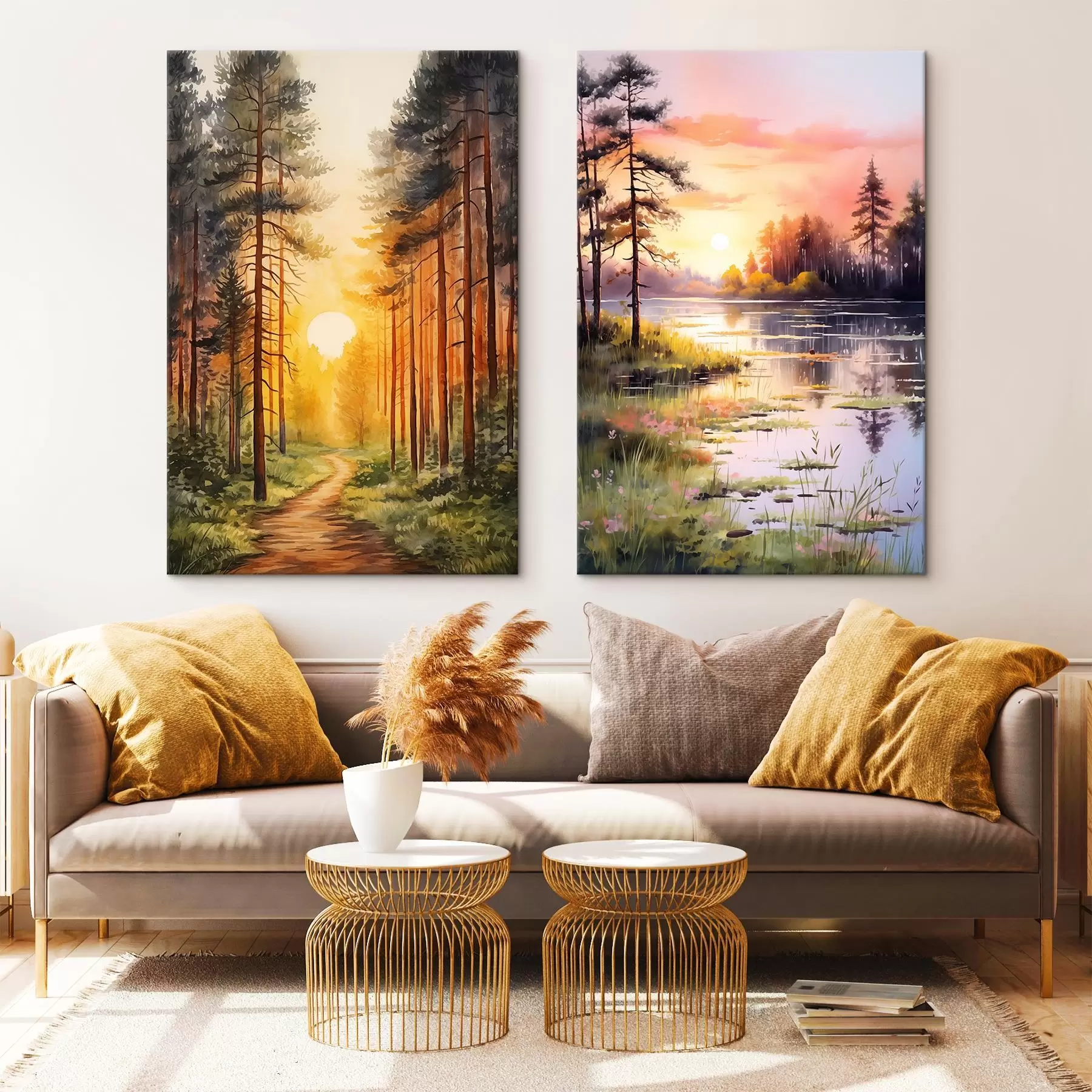 carta da parati Acquerello della foresta, nebbia sul lago, cielo al tramonto, alberi e fiori nr. m00382