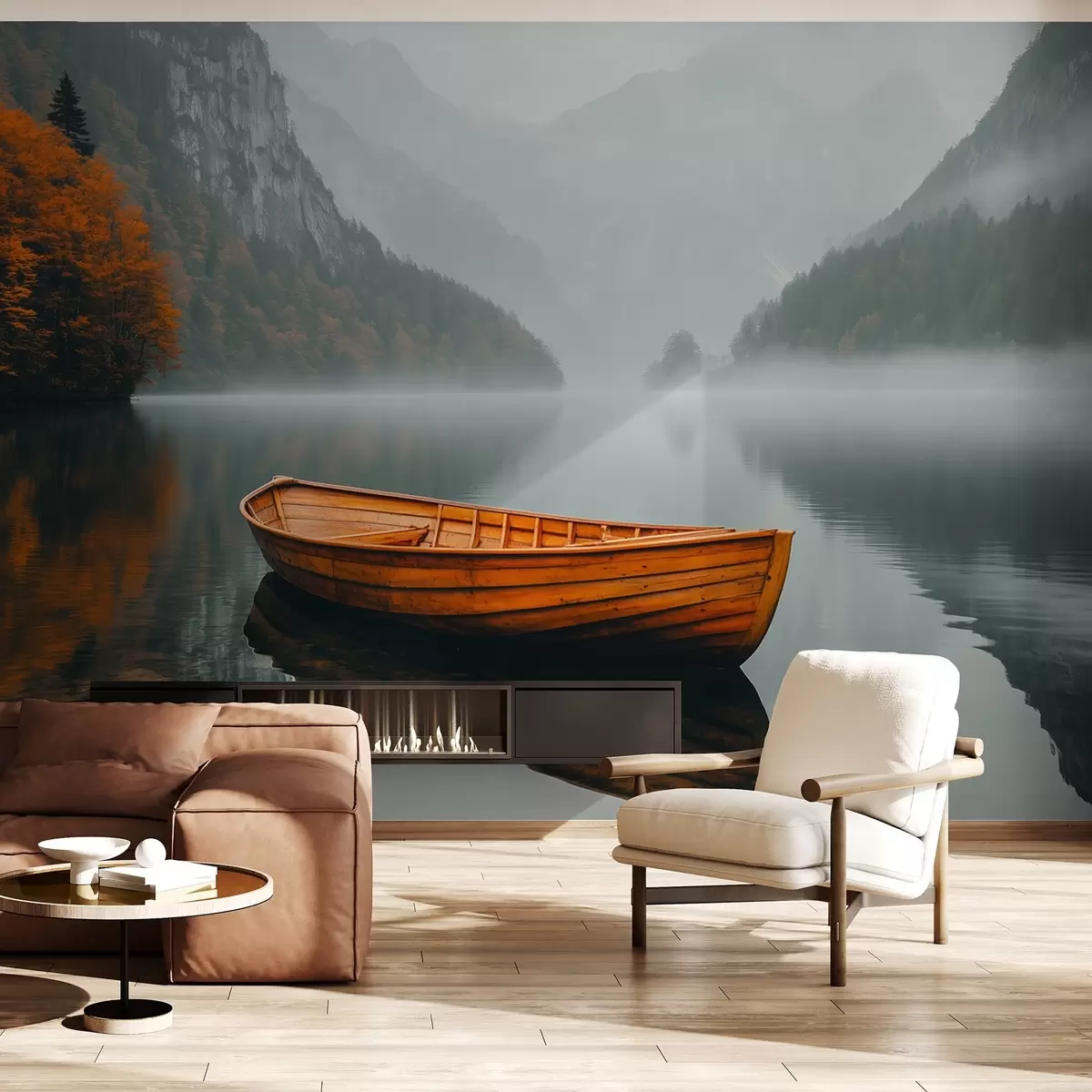 carta da parati Una barca di legno galleggia su un lago, circondata da una fitta nebbia e dalle montagne alle spalle nr. w02195