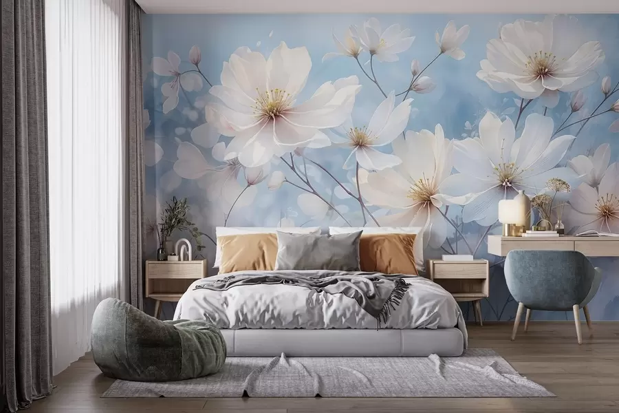 carta da parati Delicati fiori bianchi con petali morbidi su uno sfondo blu sfocato, che crea un'atmosfera serena ed eterea nr. w08412