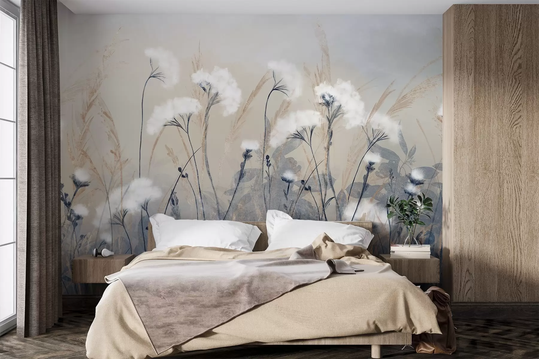 carta da parati Soffice erba bianca di cotone su uno sfondo testuale sfocato, con un'atmosfera morbida, vaporosa e serena nr. w08416