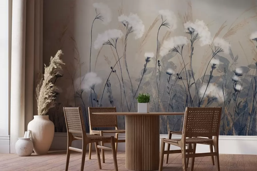 carta da parati Soffice erba bianca di cotone su uno sfondo testuale sfocato, con un'atmosfera morbida, vaporosa e serena nr. w08416