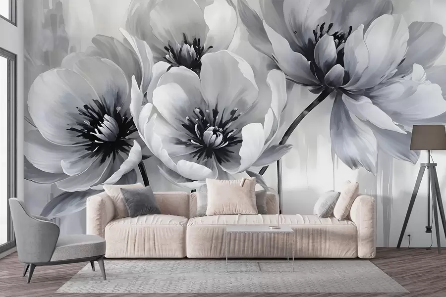 Carta da parati con rose Fiori di tulipano monocromatici con petali morbidi e sfocati su uno sfondo chiaro n. w08418