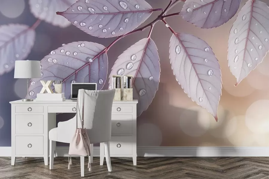 Carta da parati Floreale Delicate foglie viola con gocce d'acqua, sfondo soft focus n. w08419