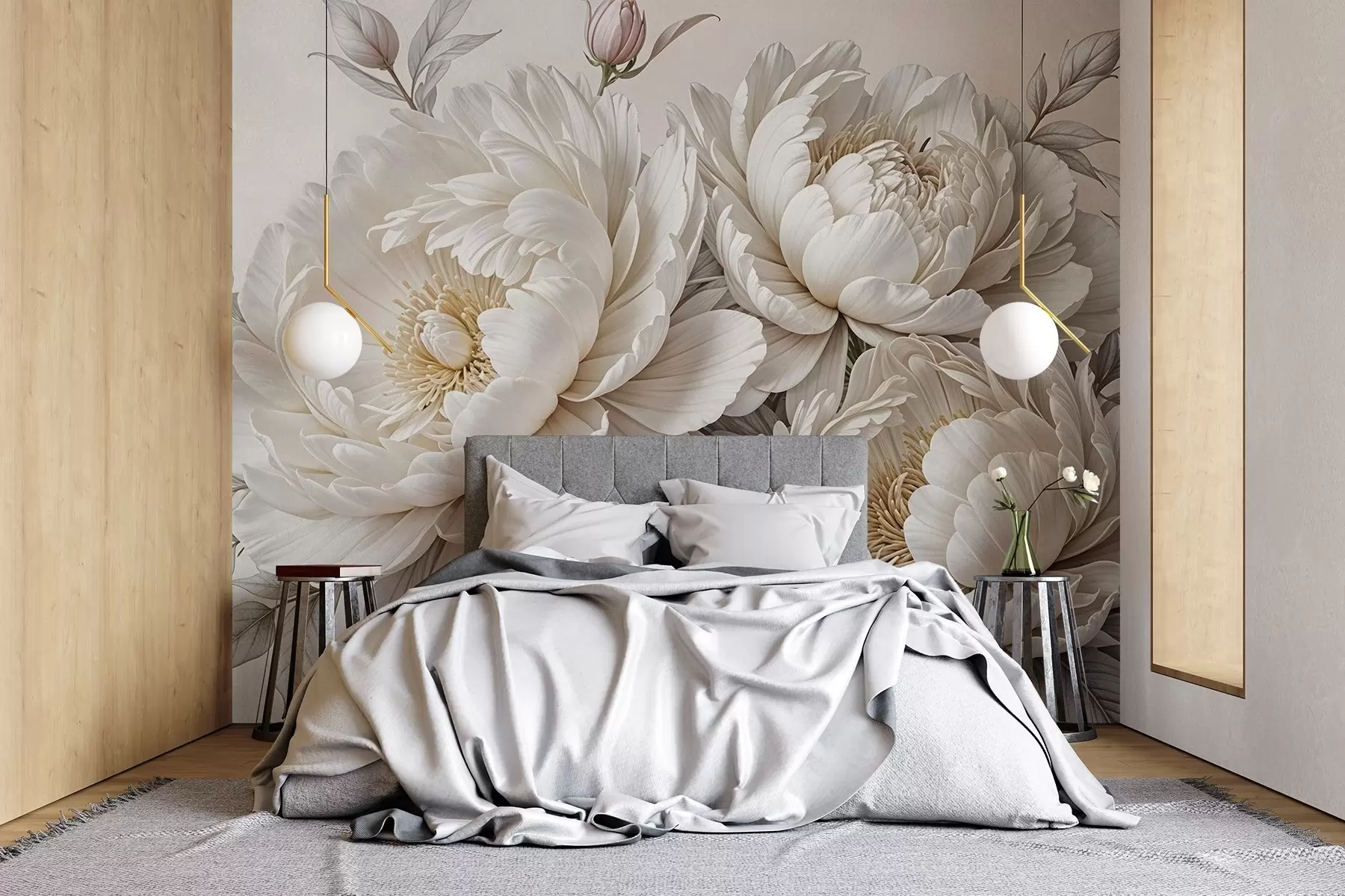 Carta da parati Fiori grandi Delicate peonie bianche pastello con fogliame rigoglioso su uno sfondo morbido e neutro n. w08420