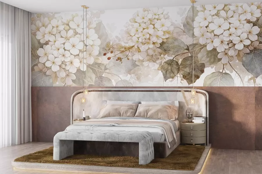 Carta da parati Floreale Delicati fiori di ortensia bianca con foglie verde tenue su uno sfondo chiaro n. w08422