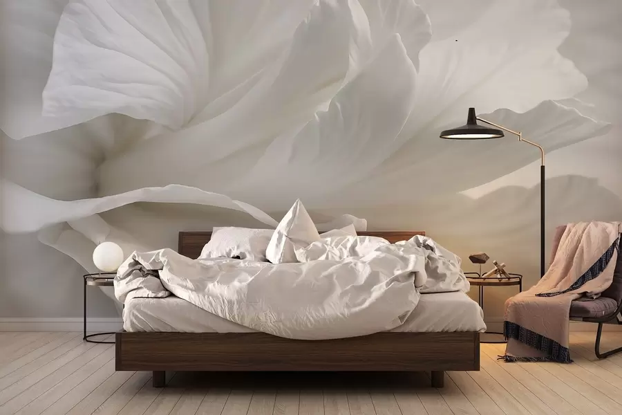 Carta da parati Fiori grandi Stampa astratta minimalista di un delicato fiore bianco con petali morbidi e vellutati n. w08424