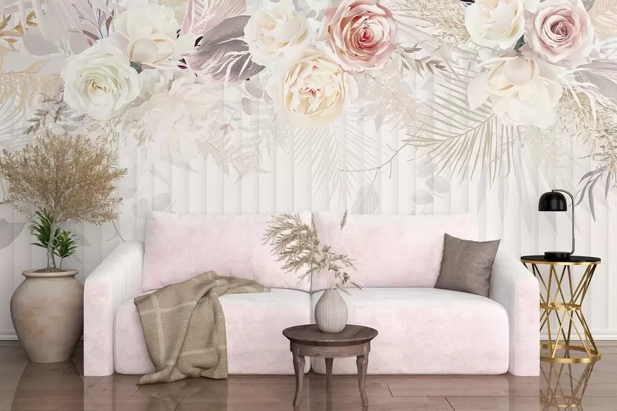 Carta da parati con rose Composizione floreale con rose rosa e bianche, foglie di palma e altro fogliame tropicale su sfondo bianco n. w08425