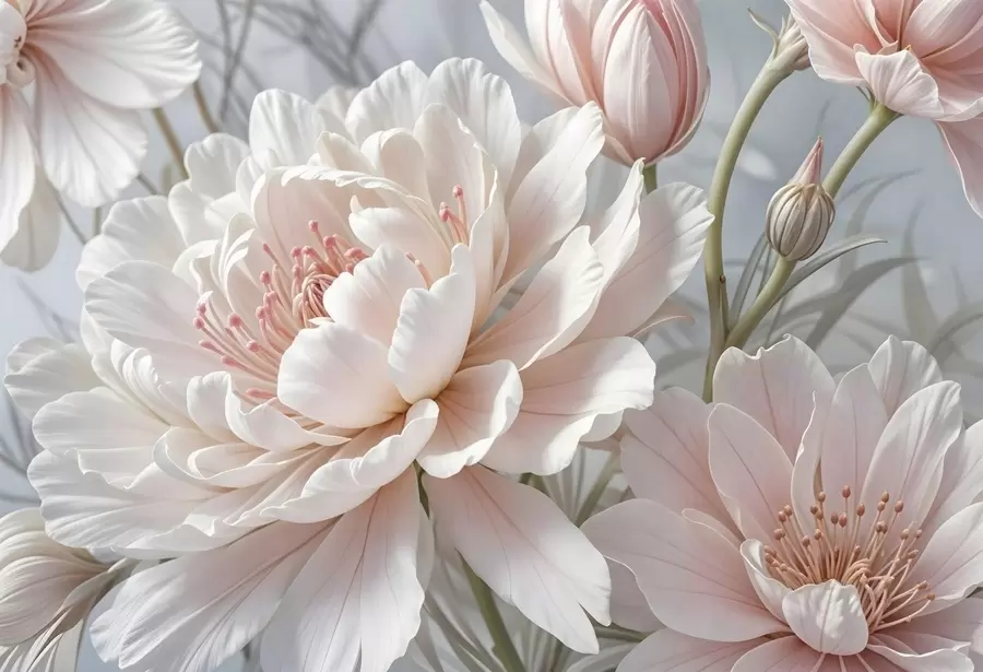 Carta da parati nature Grandi e delicati fiori di peonia bianchi e rosa con petali morbidi e soffici su uno sfondo grigio sfocato 