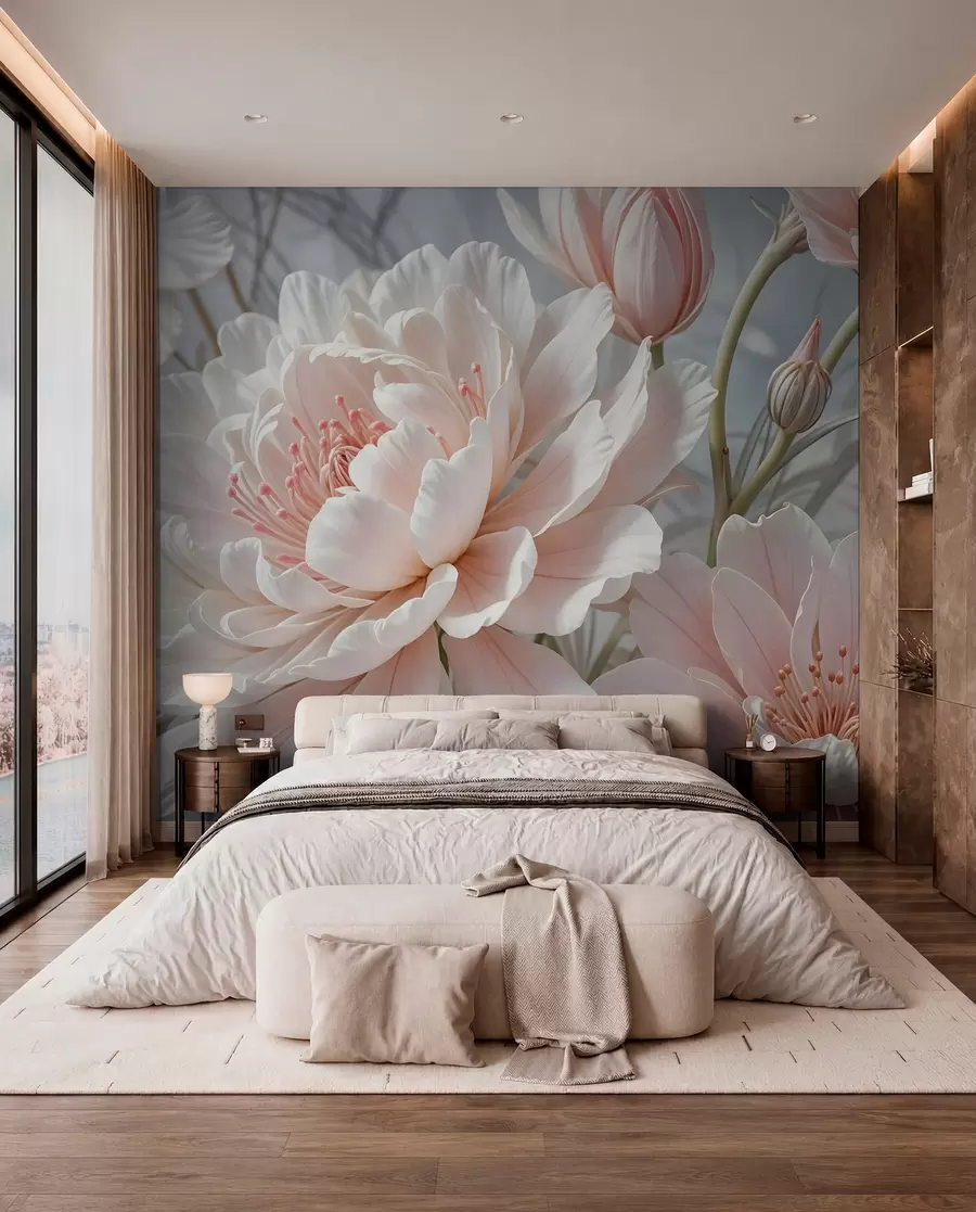 Carta da parati nature Grandi e delicati fiori di peonia bianchi e rosa con petali morbidi e soffici su uno sfondo grigio sfocato 