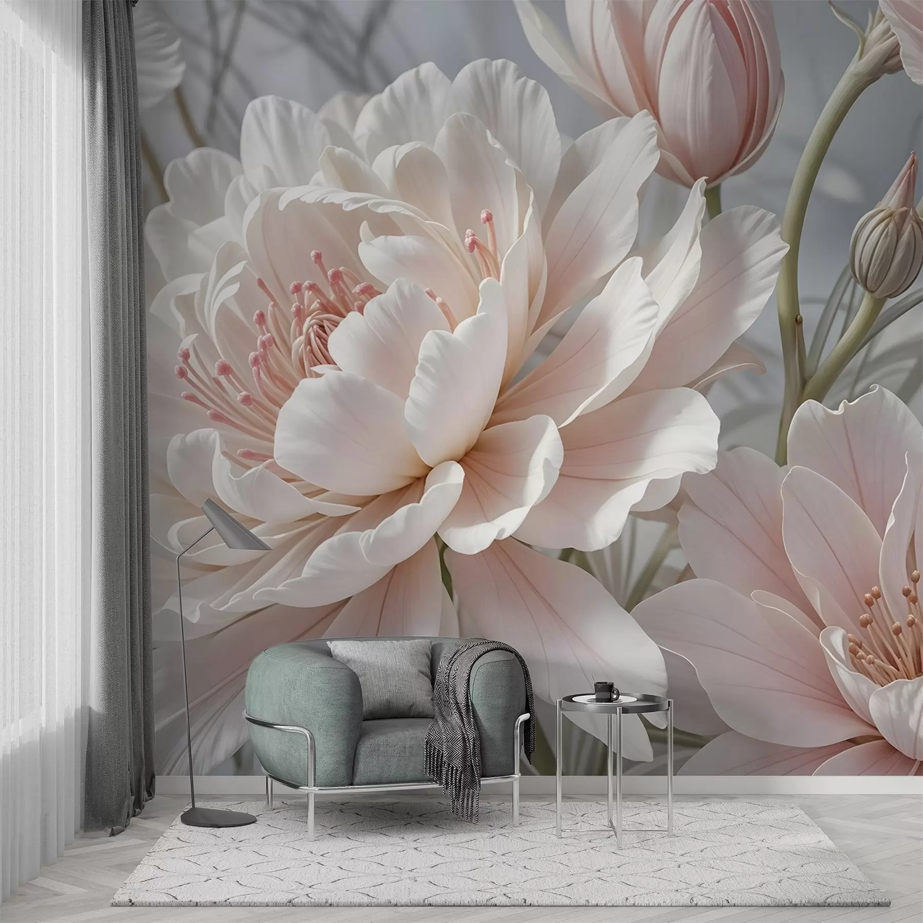 Carta da parati nature Grandi e delicati fiori di peonia bianchi e rosa con petali morbidi e soffici su uno sfondo grigio sfocato 