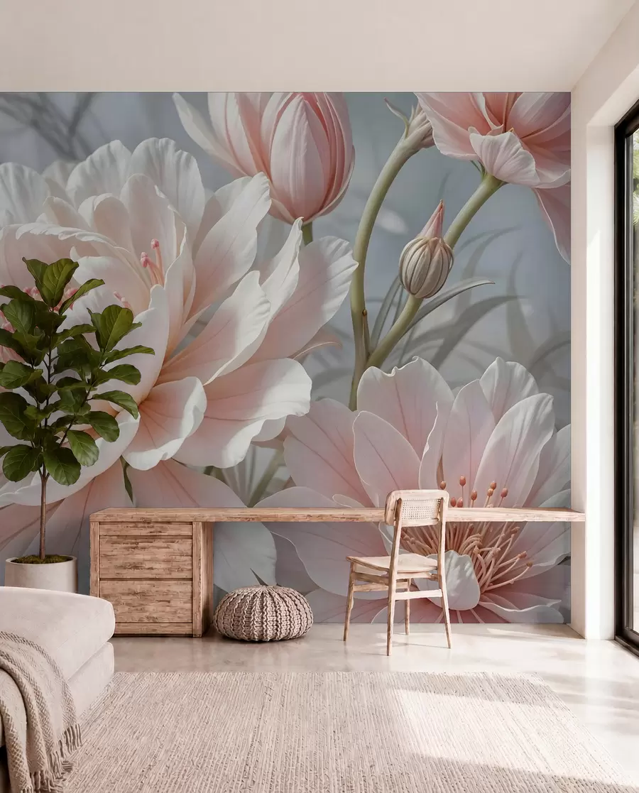Carta da parati nature Grandi e delicati fiori di peonia bianchi e rosa con petali morbidi e soffici su uno sfondo grigio sfocato 
