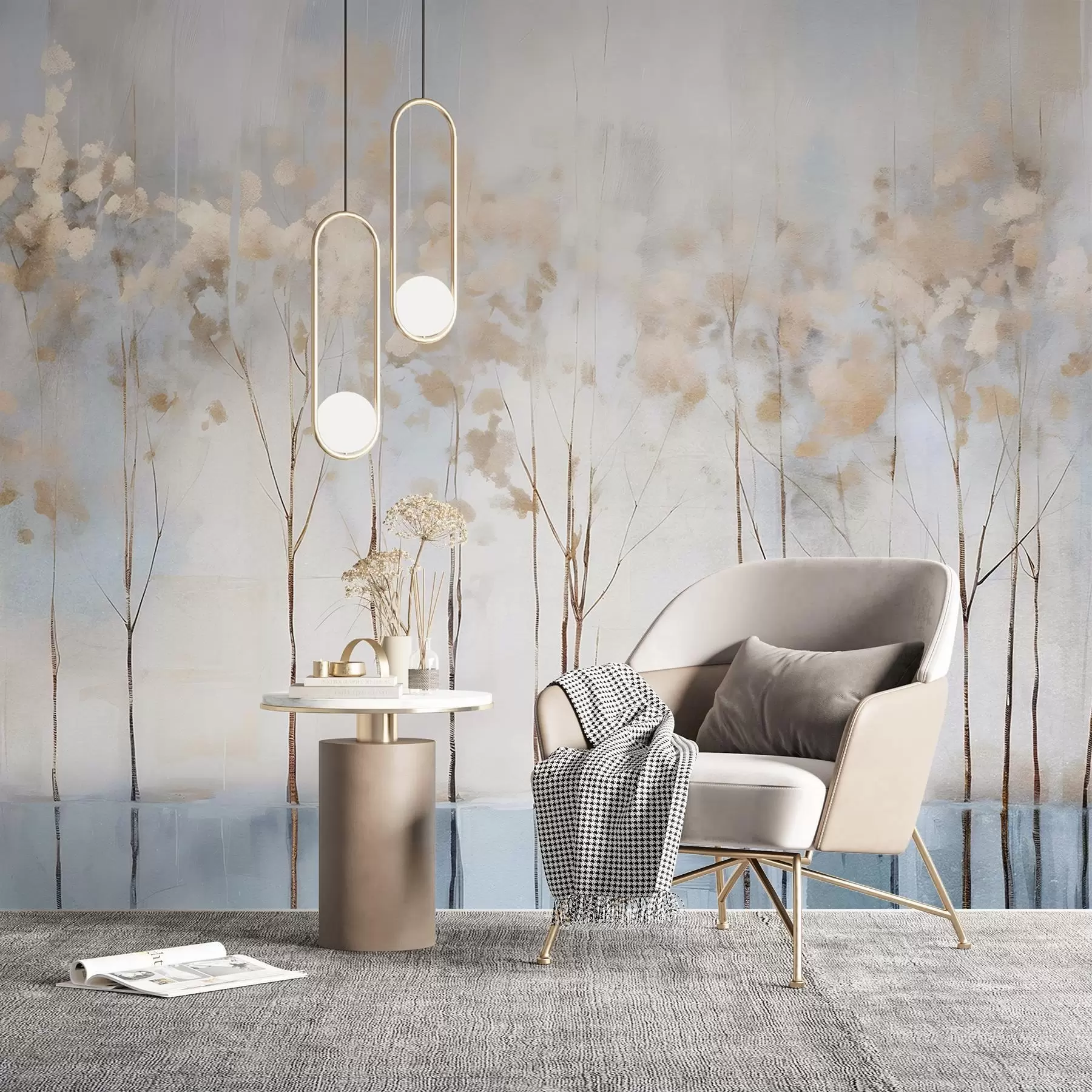 carta da parati Alberi spogli in un paesaggio minimalista invernale astratto sfocato a pastello con uno sfondo morbido e nebuloso nr. w08430