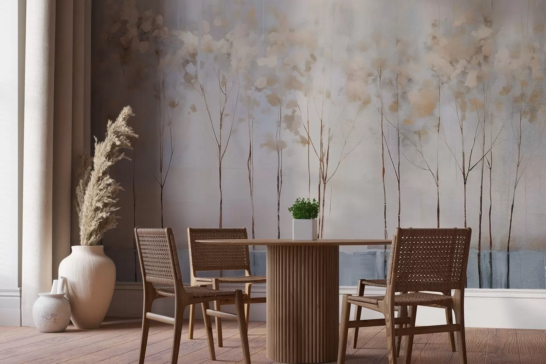 carta da parati Alberi spogli in un paesaggio minimalista invernale astratto sfocato a pastello con uno sfondo morbido e nebuloso nr. w08430