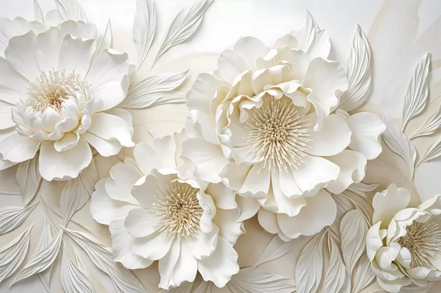 Carta da parati Floreale Elegante e voluminosa imitazione di fiori di peonia bianchi con petali morbidi e centri giallo pastello, su uno sfondo chiaro n. w08431