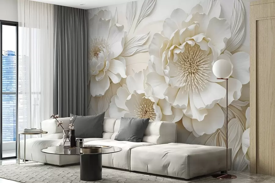 Carta da parati Floreale Elegante e voluminosa imitazione di fiori di peonia bianchi con petali morbidi e centri giallo pastello, su uno sfondo chiaro n. w08431