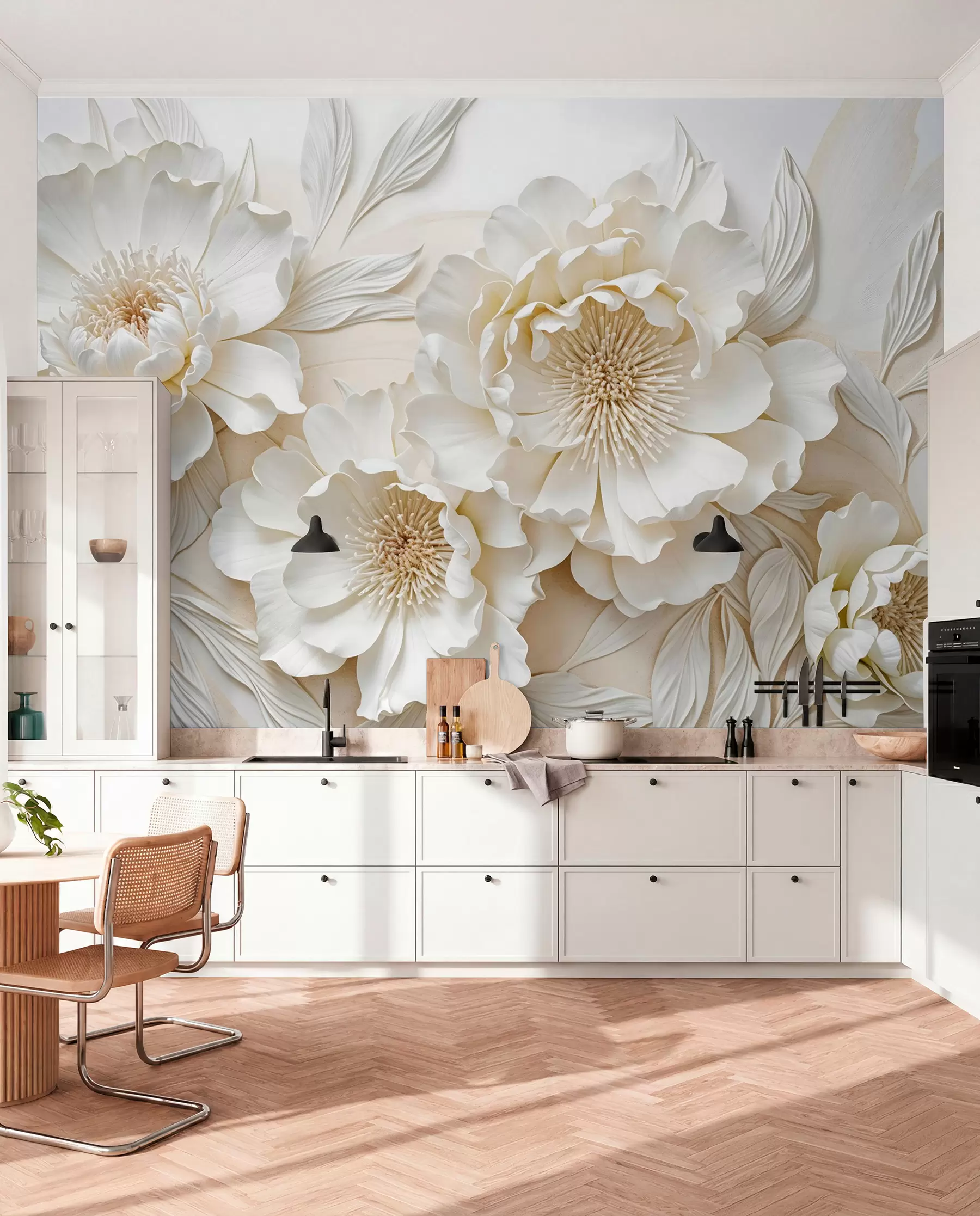 Carta da parati Floreale Elegante e voluminosa imitazione di fiori di peonia bianchi con petali morbidi e centri giallo pastello, su uno sfondo chiaro n. w08431