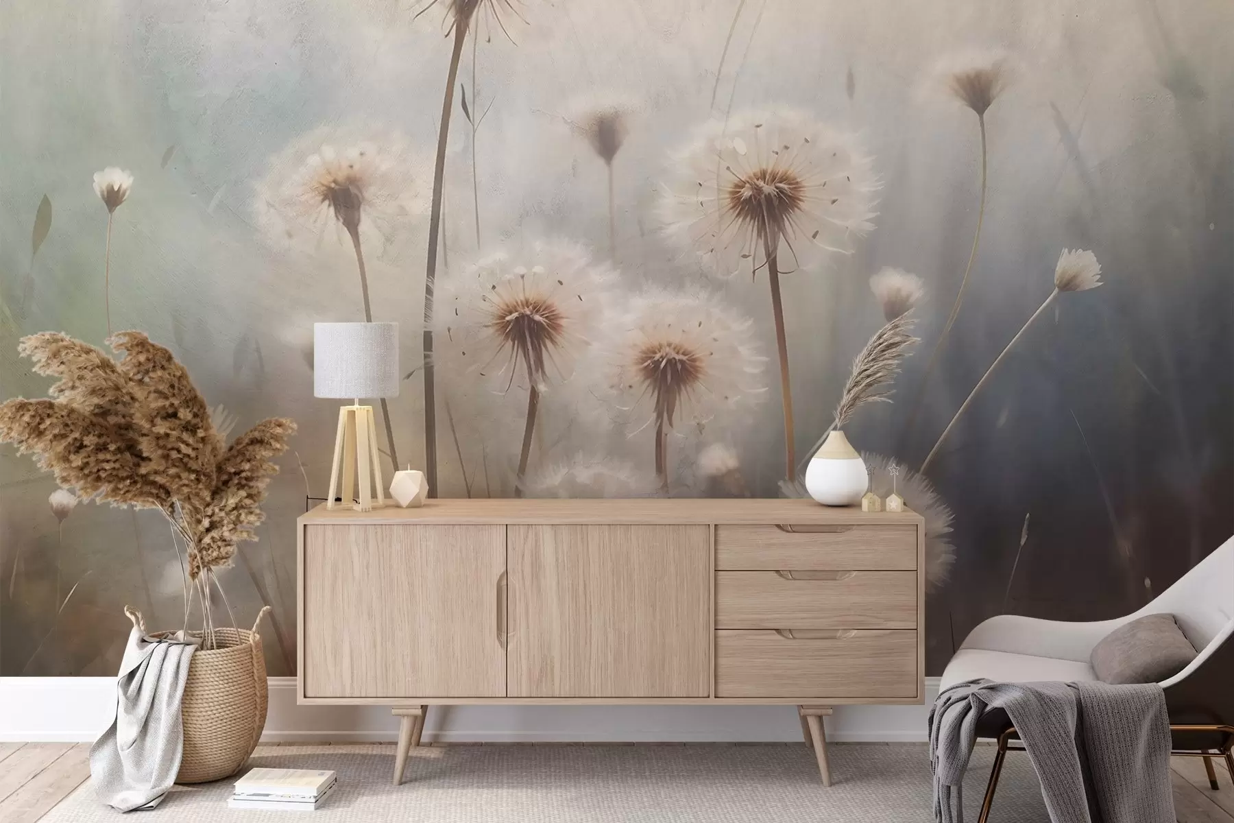 Carta da parati Floreale Fiori di dente di leone a fuoco morbido in un campo, con uno sfondo sfocato di colore pastello strutturato n. w08432