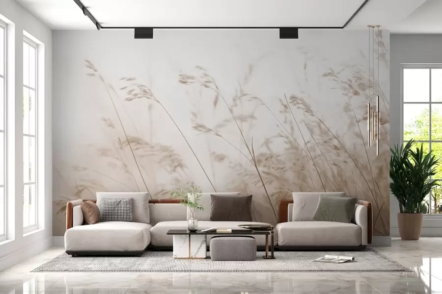 Carta da parati nature Erbe di campo in un'alba nebbiosa 