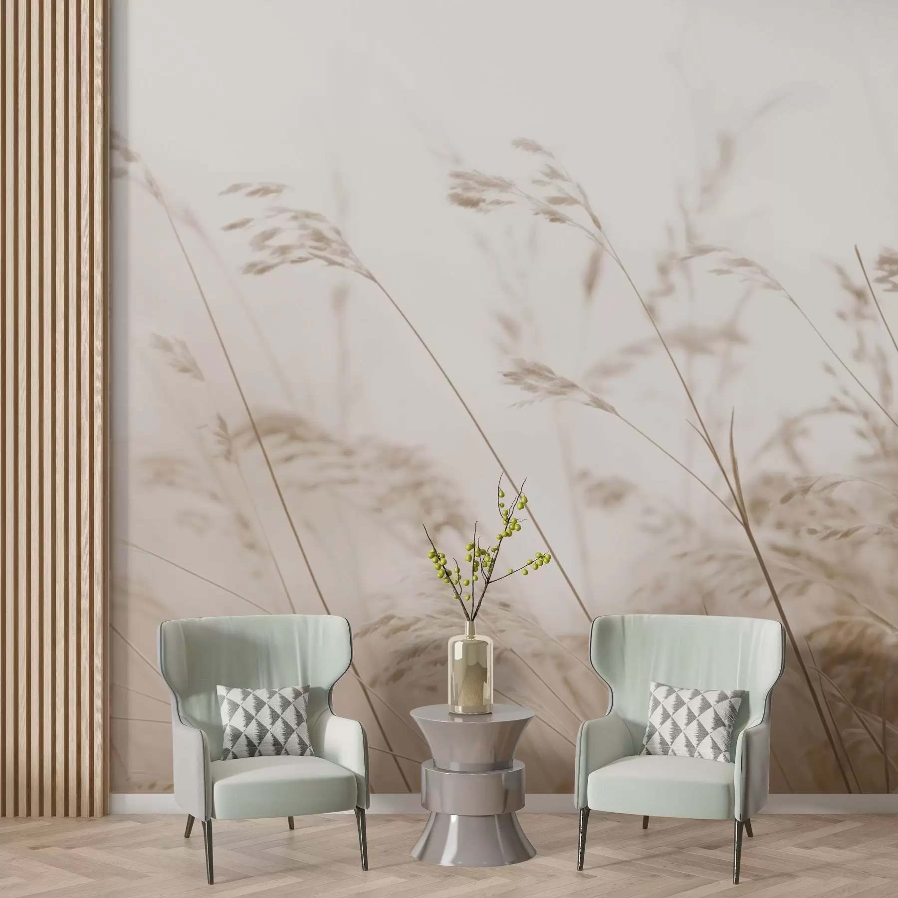 Carta da parati nature Erbe di campo in un'alba nebbiosa 