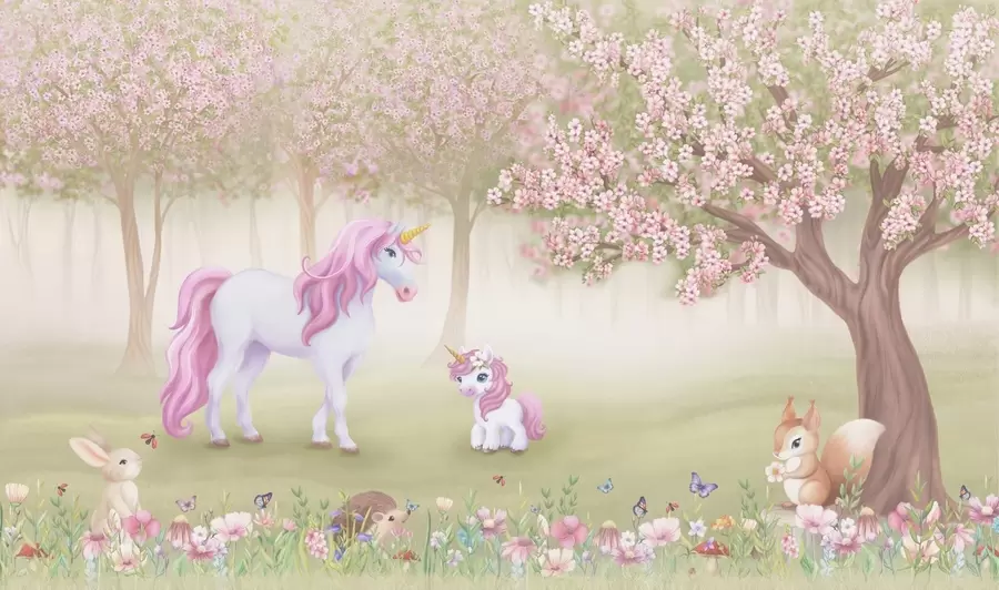 carta da parati Unicorni in una foresta magica con animali nr. w02269