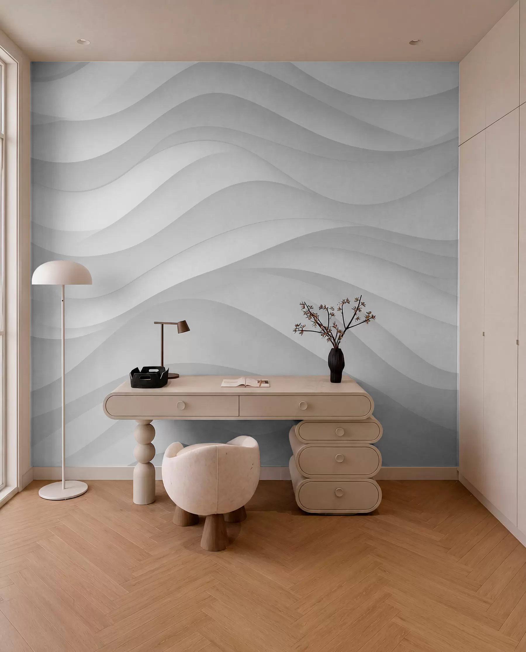 Carta da parati  Forme geometriche 3D Onde grigie in toni tenui