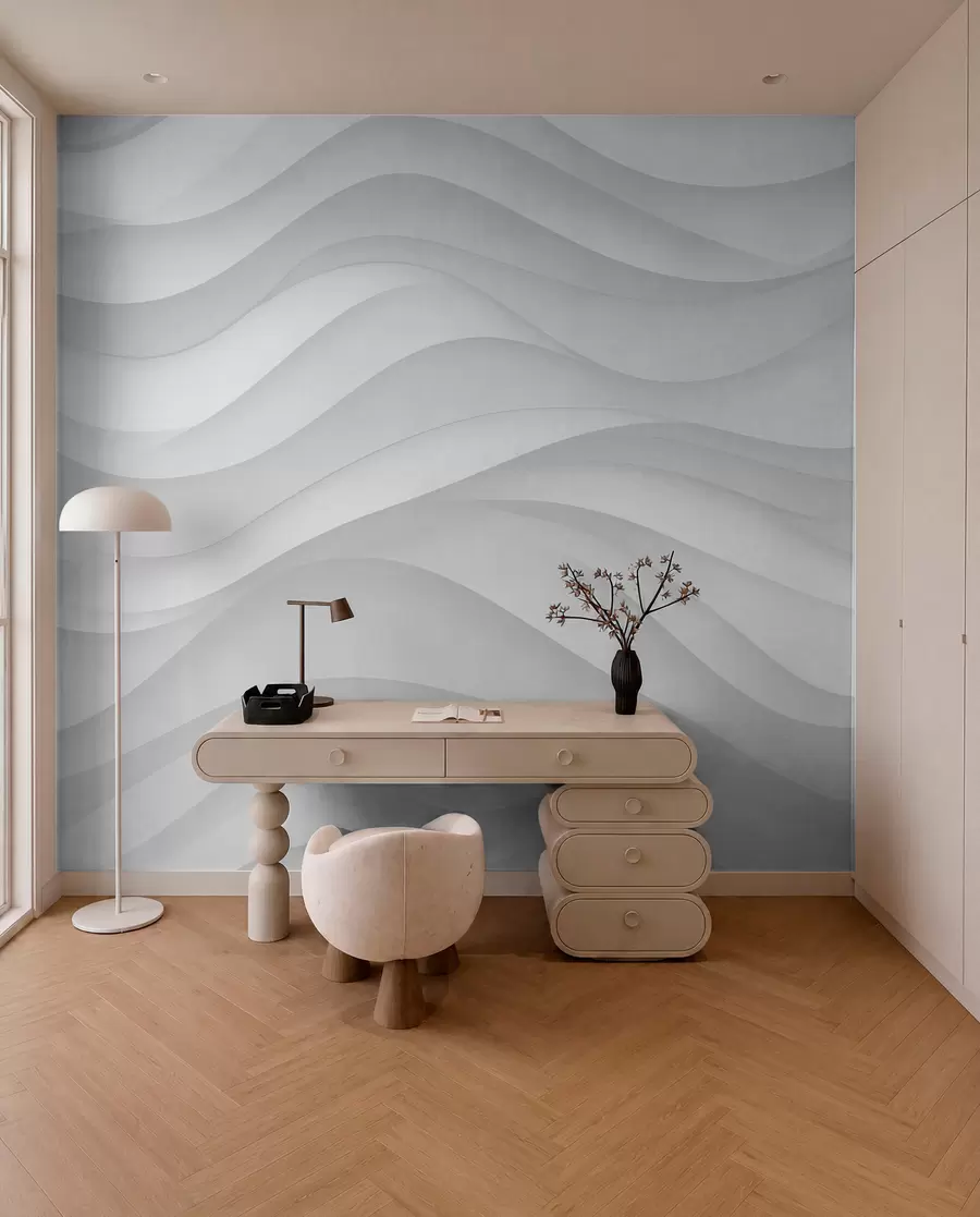 Carta da parati  Forme geometriche 3D Onde grigie in toni tenui