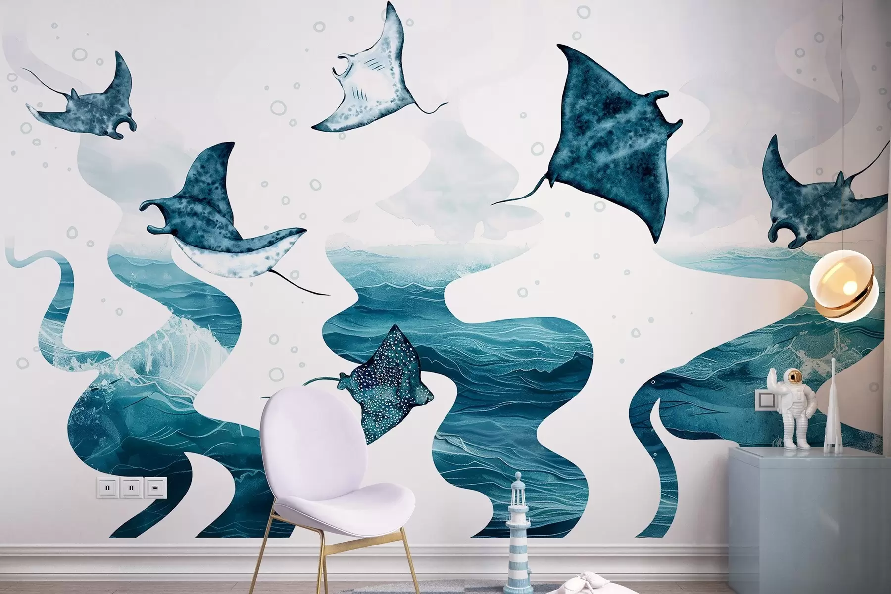 Carta da parati Mare Pesce manta, stile acquerello, mare, oceano, colori blu