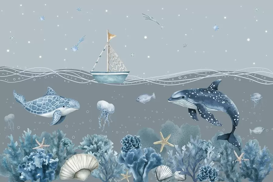 Carta da parati Mare Vita marina, stile acquerello, coralli, barca, delfino, medusa, cielo stellato, colori blu tenui