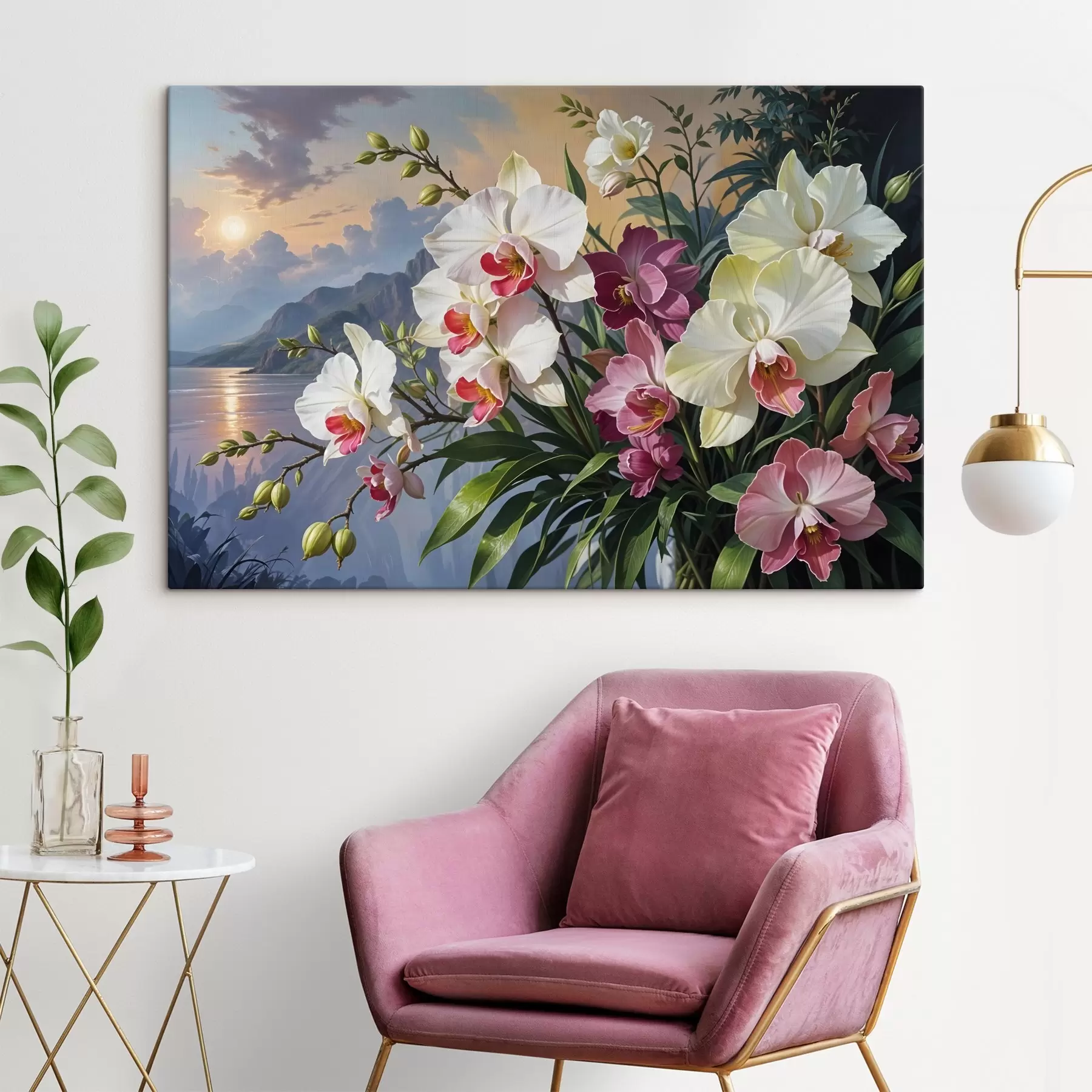 carta da parati Un vivace bouquet di fiori tropicali con orchidee e fogliame verde lussureggiante su uno sfondo di paesaggio marino nr. s41713