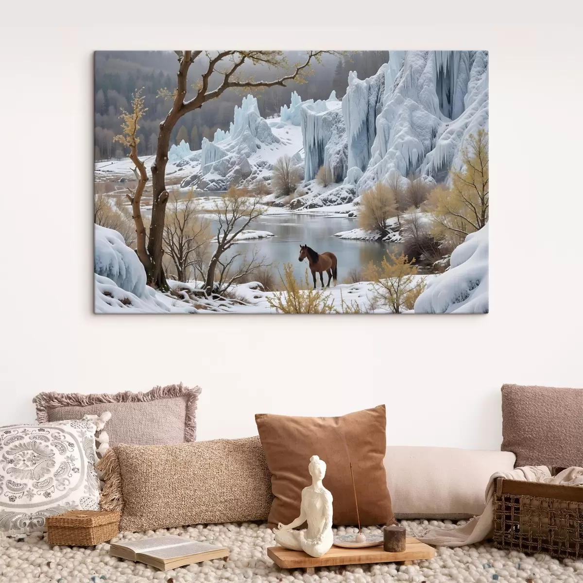 carta da parati Un paesaggio invernale innevato con un lago ghiacciato, imponenti scogliere ghiacciate e un cavallo in primo piano nr. s41716