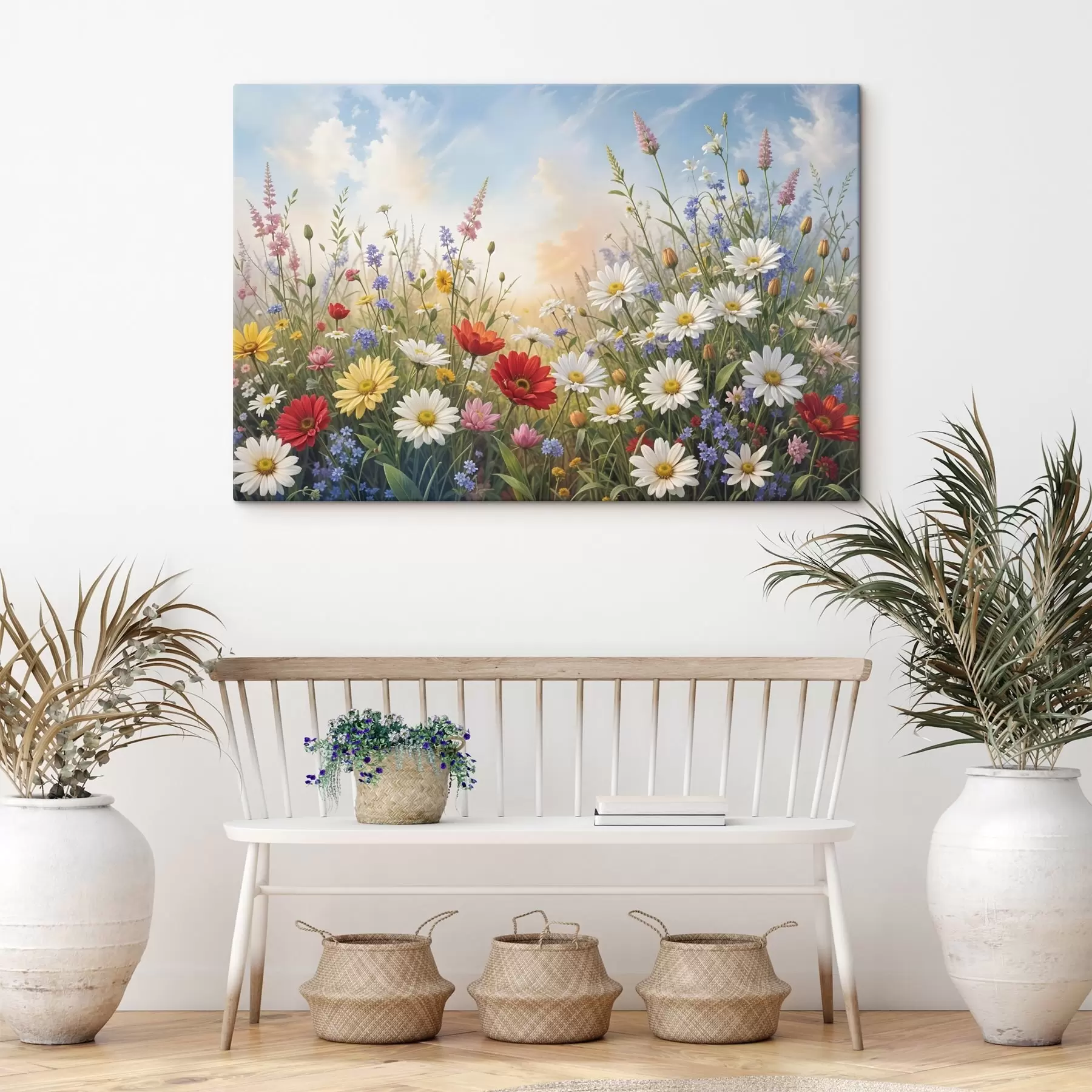 carta da parati Un campo di fiori selvatici colorati, tra cui margherite, papaveri e altre piante in fiore, in un cielo blu  nr. s41725