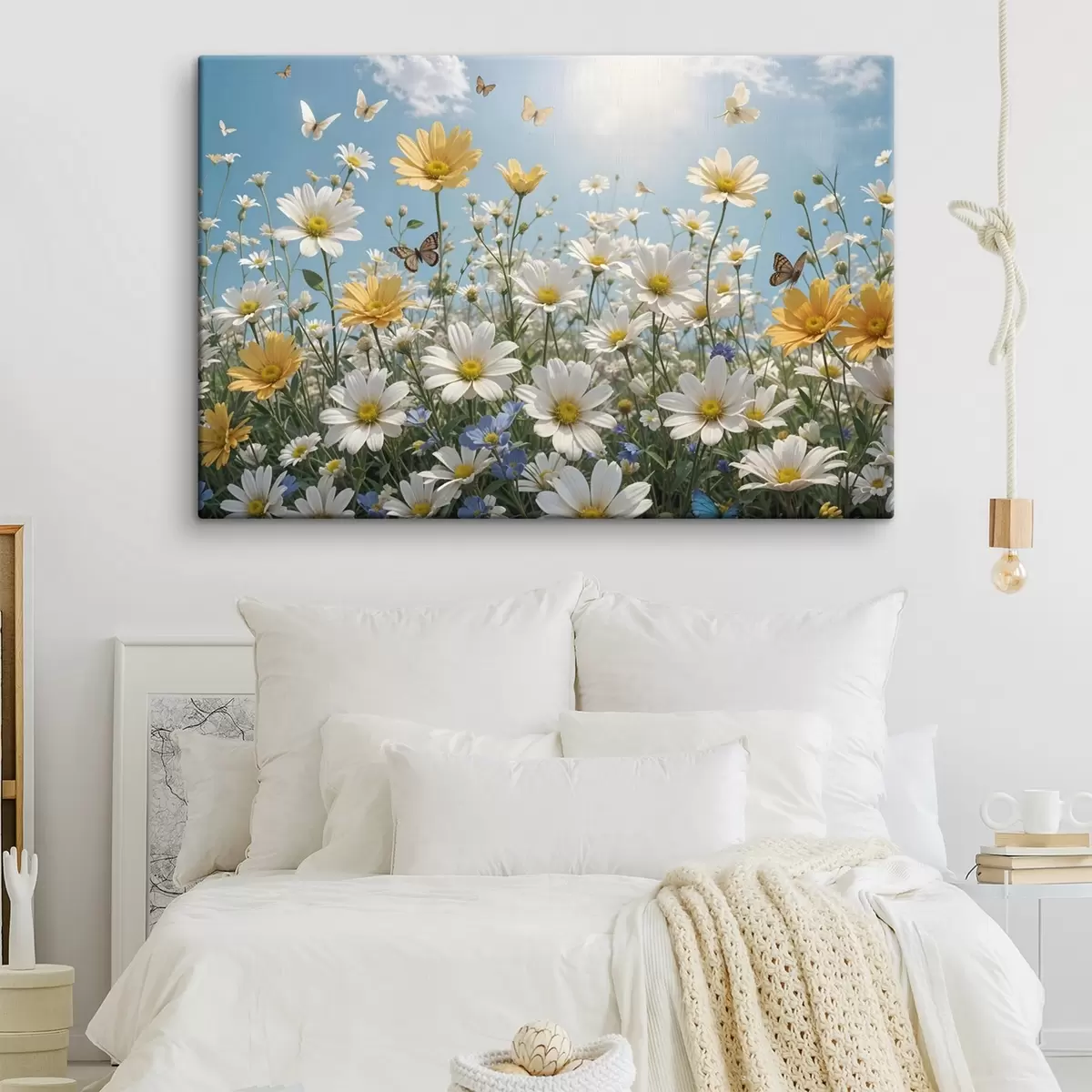 carta da parati Un campo di margherite bianche e gialle contro un cielo blu con soffici nuvole bianche e farfalle che volano sopra di esse nr. s41726