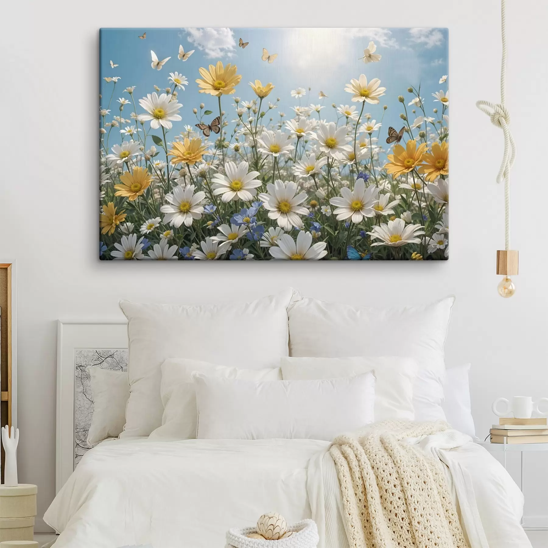 carta da parati Un campo di margherite bianche e gialle contro un cielo blu con soffici nuvole bianche e farfalle che volano sopra di esse nr. s41726