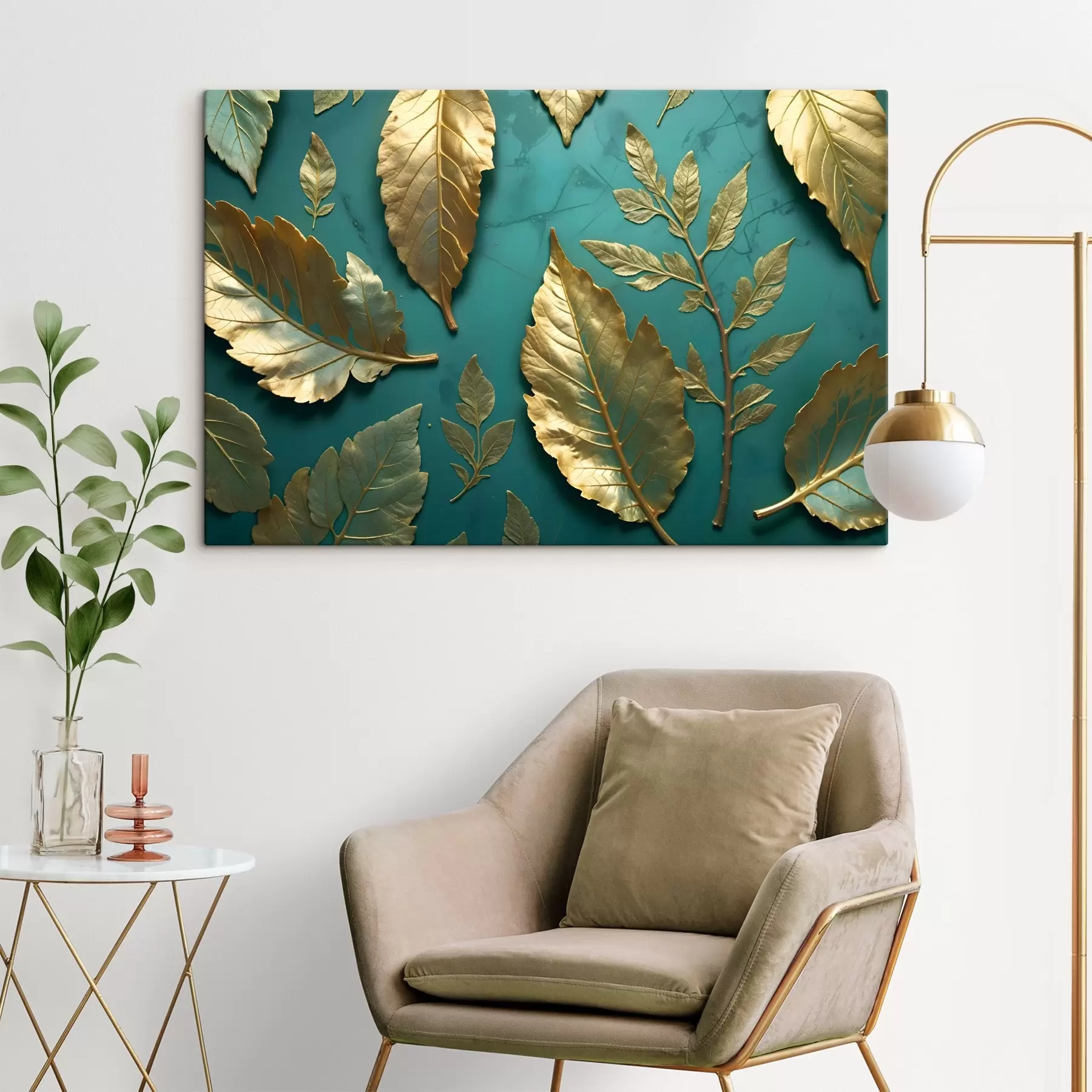 carta da parati Foglie delicate gialle su sfondo verde acqua, per un'elegante stampa botanica nr. s41727