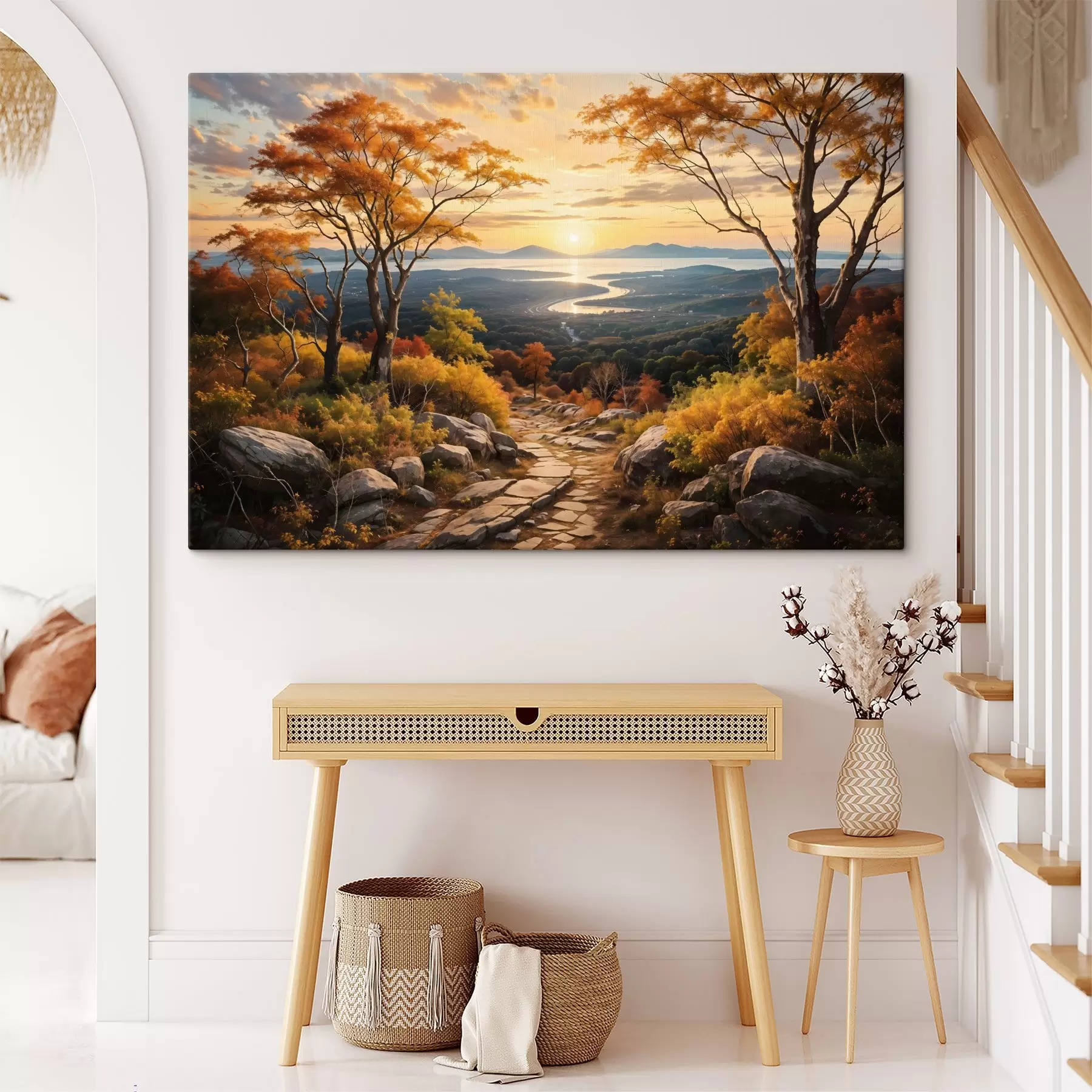 carta da parati Paesaggio con un tortuoso sentiero sterrato che attraversa una foresta di alberi dai colori autunnali e il cielo del tramonto nr. s41732