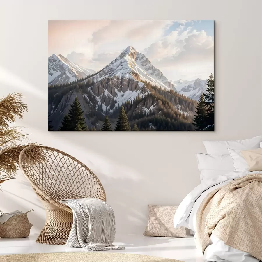 carta da parati Una vetta innevata che si staglia su un paesaggio boscoso, con pini in primo piano nr. s41736