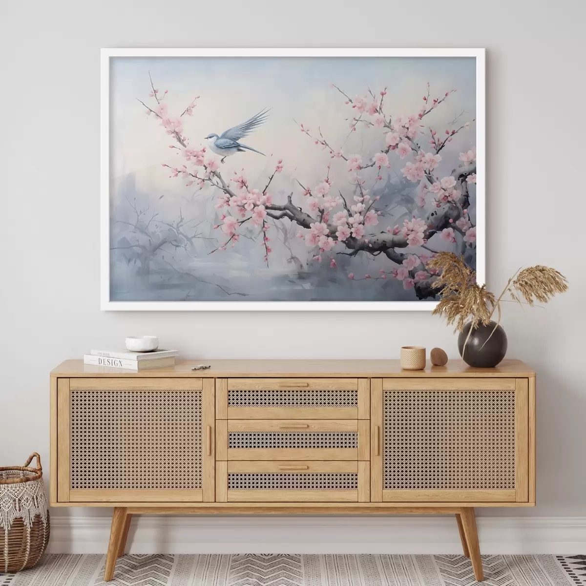 Poster Uccello blu che vola tra i fiori di ciliegio rosa su uno sfondo nebbioso di primavera f41712