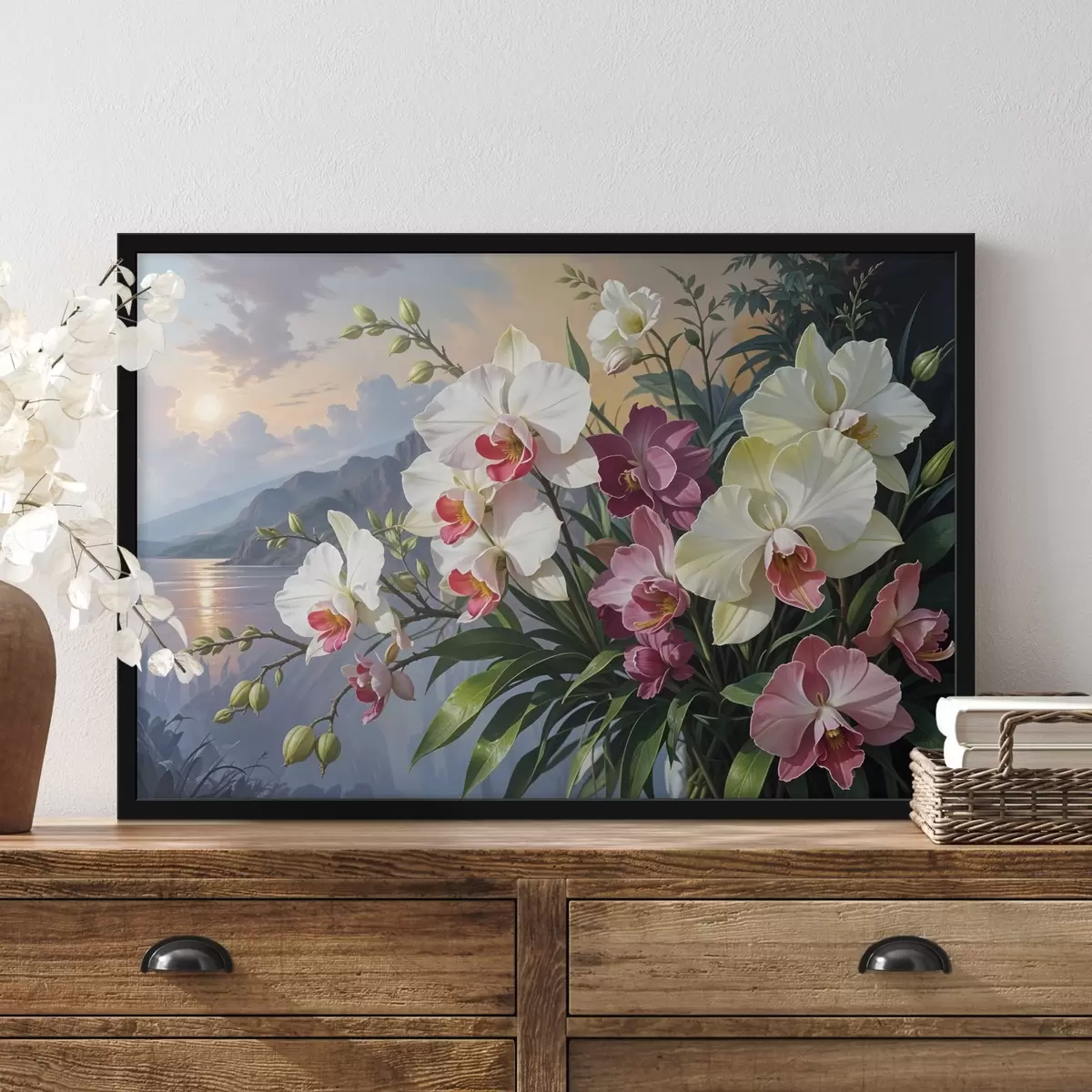 Poster Un vivace bouquet di fiori tropicali con orchidee e fogliame verde lussureggiante su uno sfondo di paesaggio marino f41713