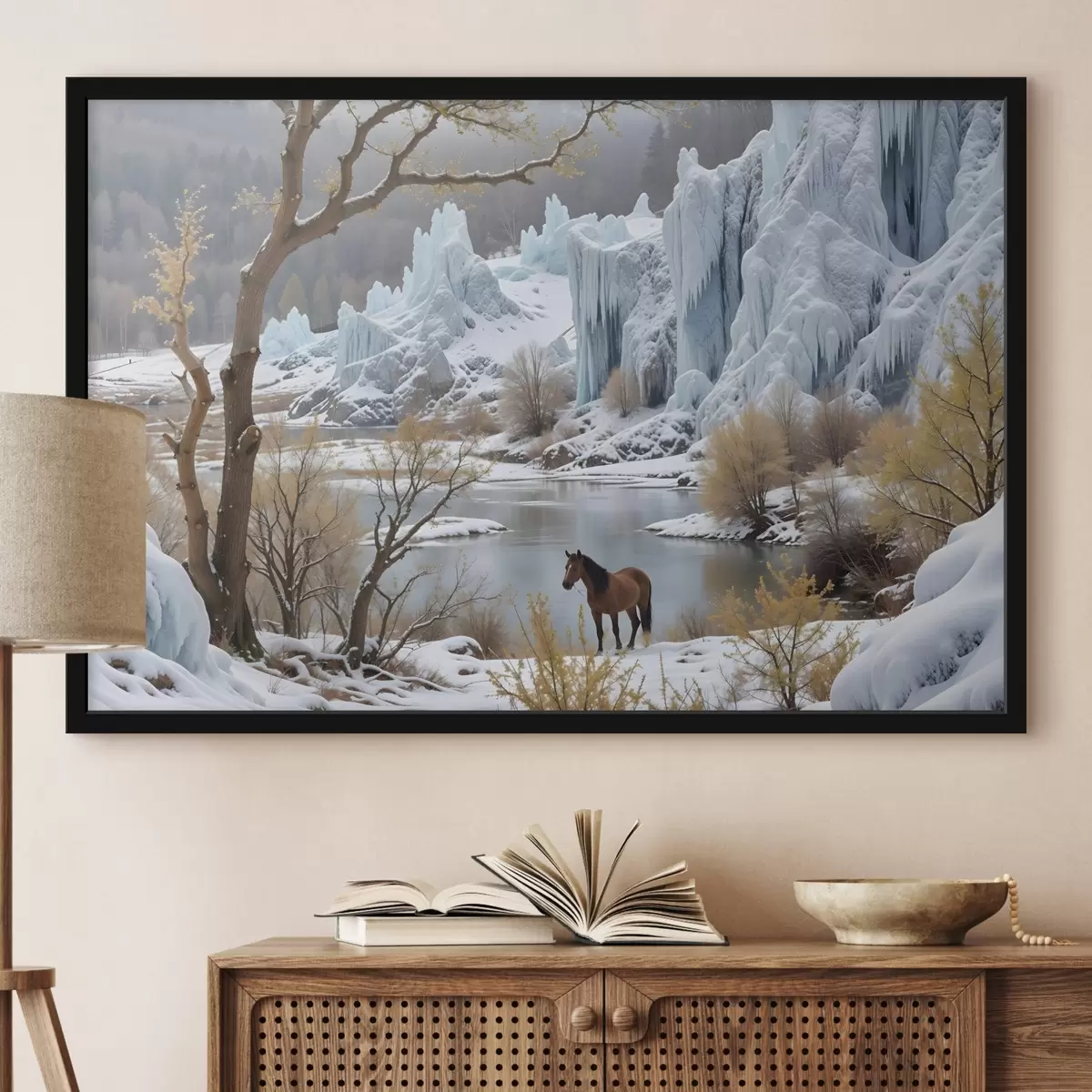 Poster Un paesaggio invernale innevato con un lago ghiacciato, imponenti scogliere ghiacciate e un cavallo in primo piano f41716