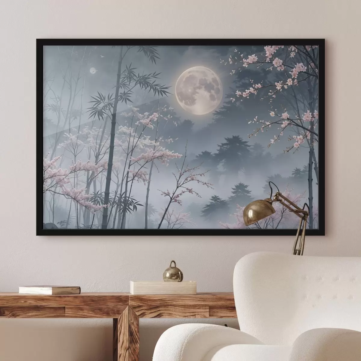 Poster Una luna piena in un cielo notturno, circondata da alberi di bambù e rami di ciliegio in ombra f41717