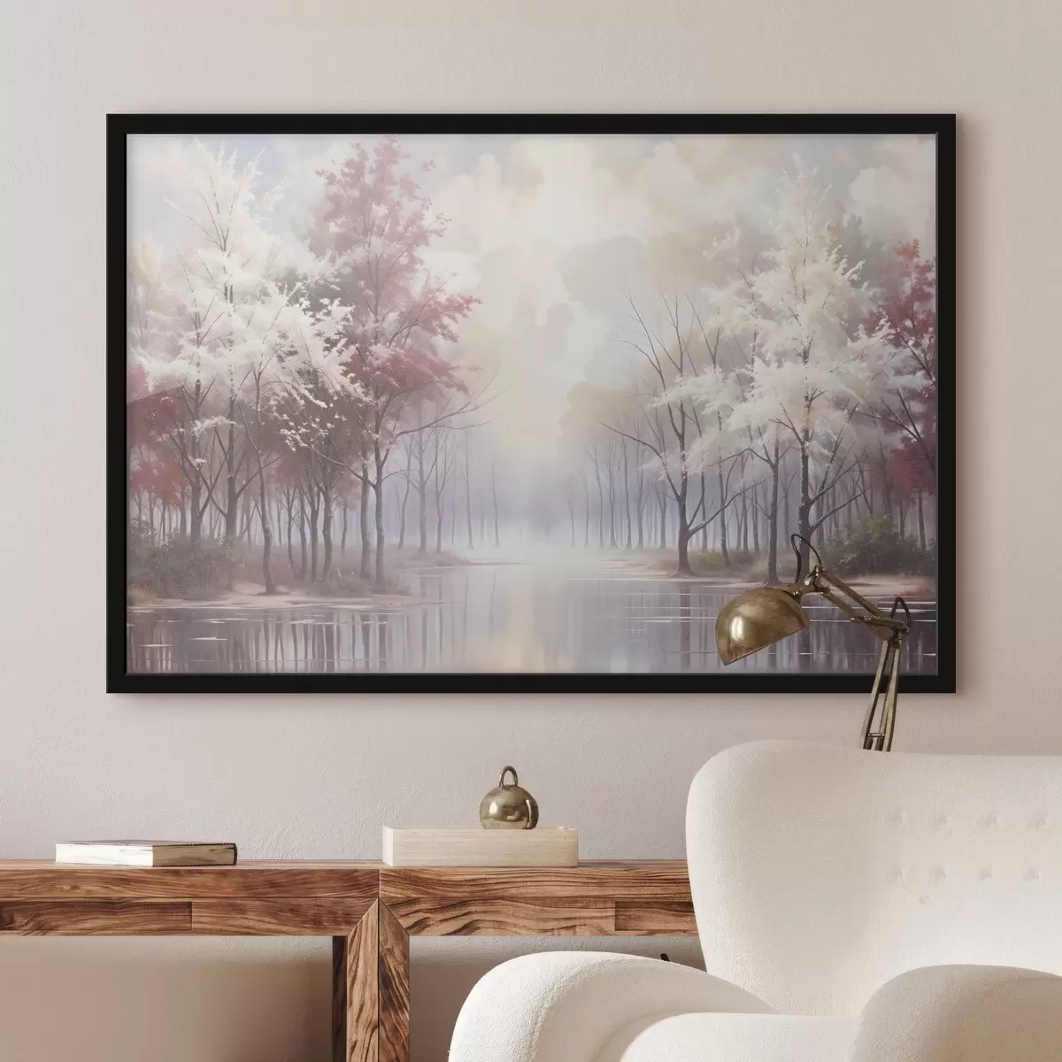 Poster Un paesaggio sereno con una foresta nebbiosa, alberi spogli e un lago calmo che riflette i toni tenui del rosa e del bianco f41720