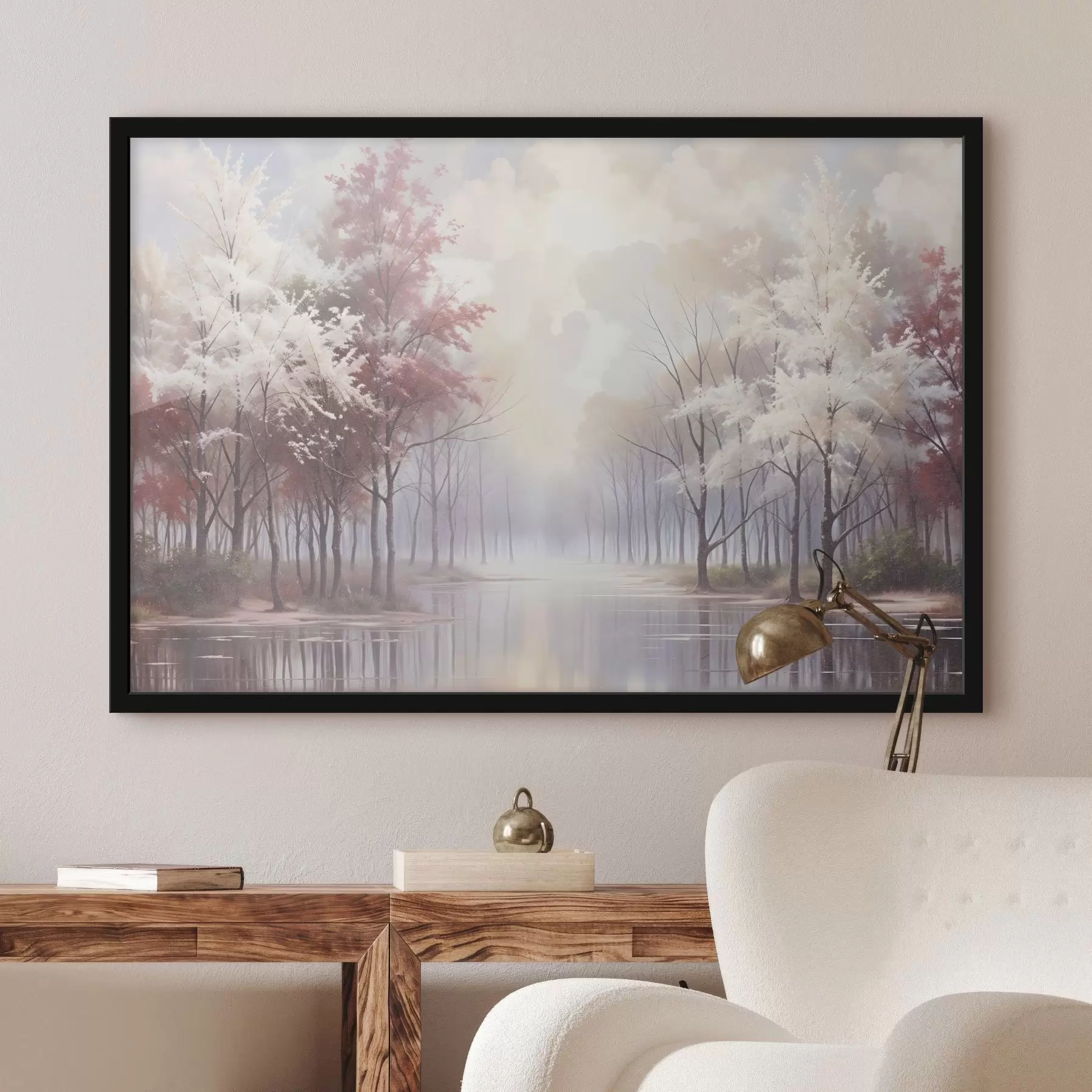 carta da parati Un paesaggio sereno con una foresta nebbiosa, alberi spogli e un lago calmo che riflette i toni tenui del rosa e del bianco nr. f41720