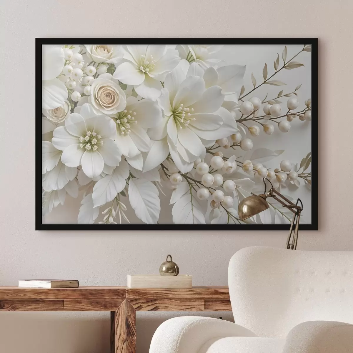 Poster Delicati fiori bianchi, tra cui gigli, rose e altri fiori con petali morbidi e vellutati f41722