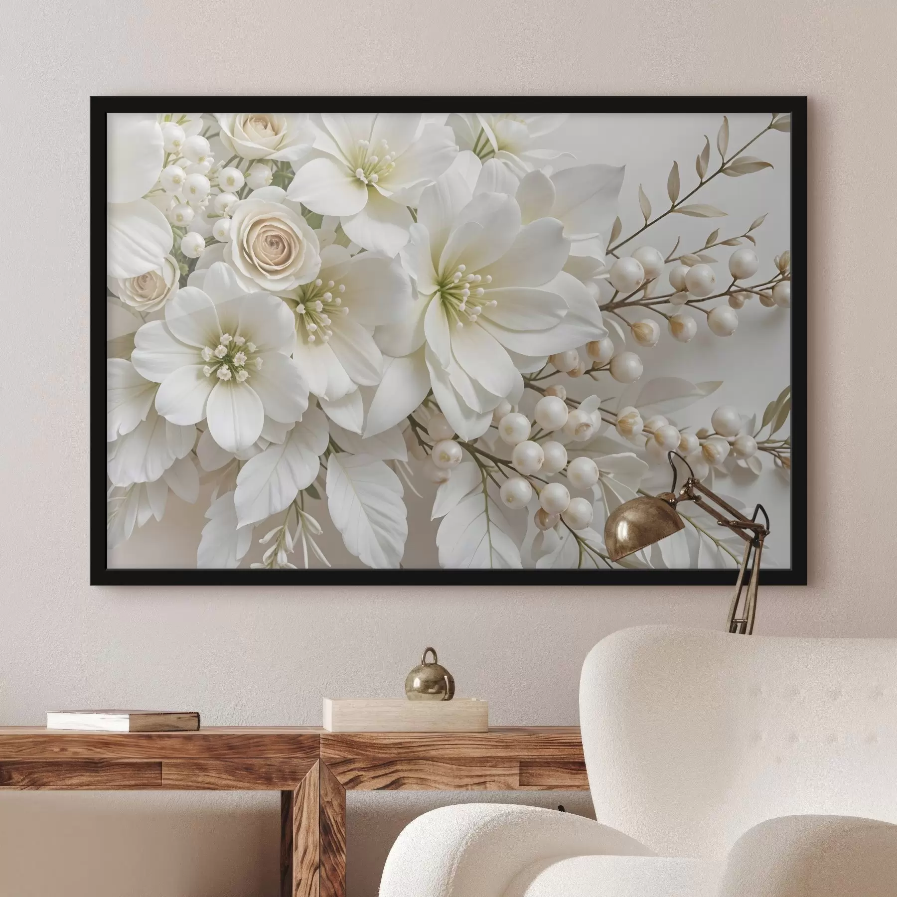 carta da parati Delicati fiori bianchi, tra cui gigli, rose e altri fiori con petali morbidi e vellutati nr. f41722