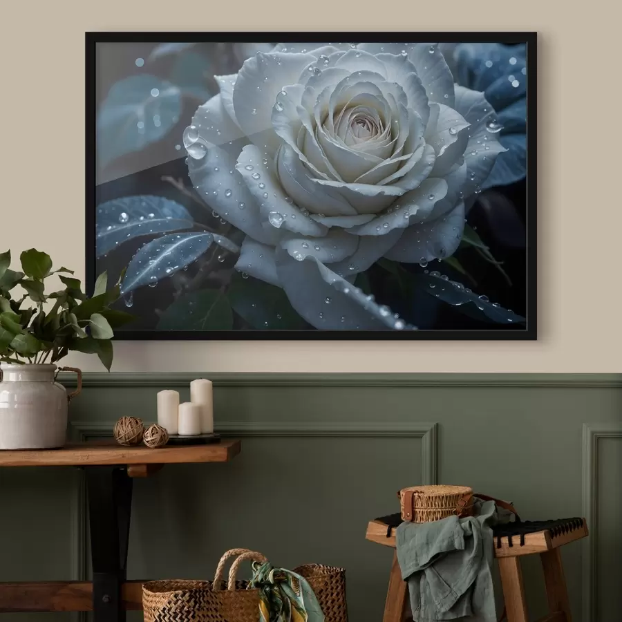 carta da parati Primo piano di una rosa bianca con gocce d'acqua sui petali, su uno sfondo scuro nr. f41723