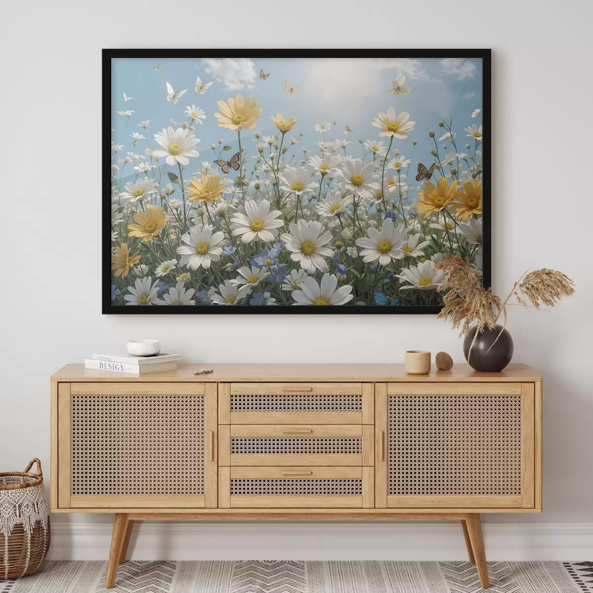 Poster Un campo di margherite bianche e gialle contro un cielo blu con soffici nuvole bianche e farfalle che volano sopra di esse f41726