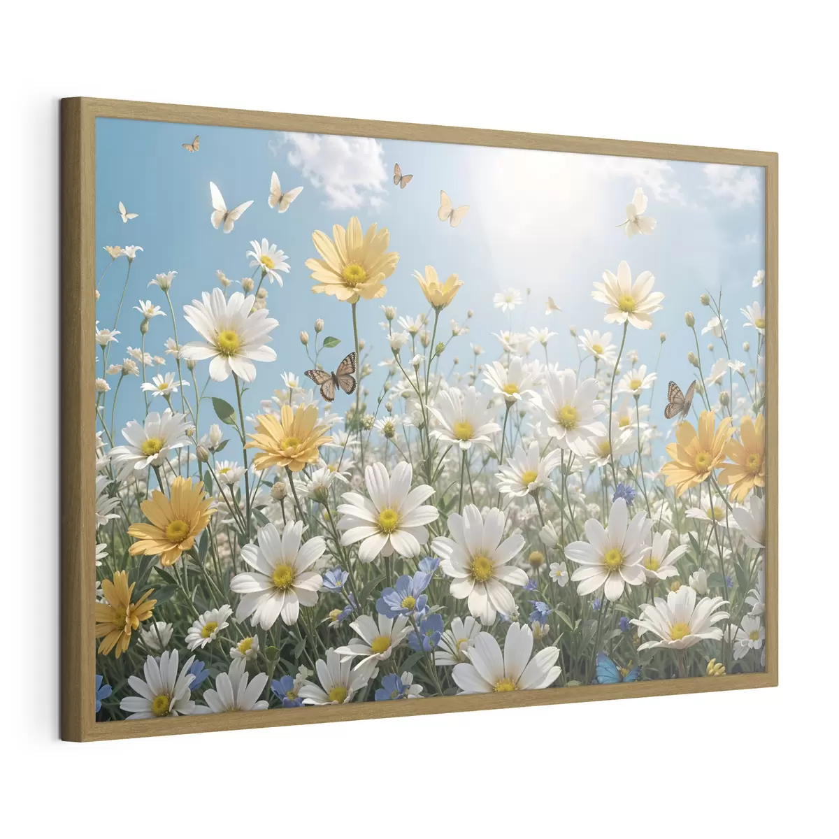 Poster Un campo di margherite bianche e gialle contro un cielo blu con soffici nuvole bianche e farfalle che volano sopra di esse f41726