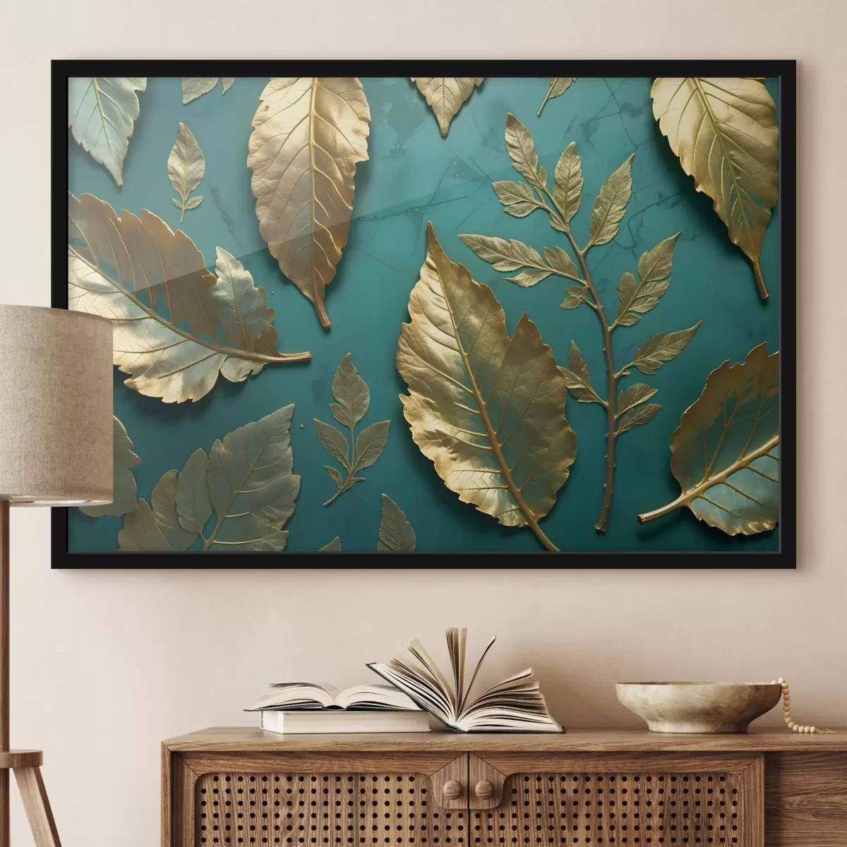 Poster Foglie delicate gialle su sfondo verde acqua, per un'elegante stampa botanica f41727