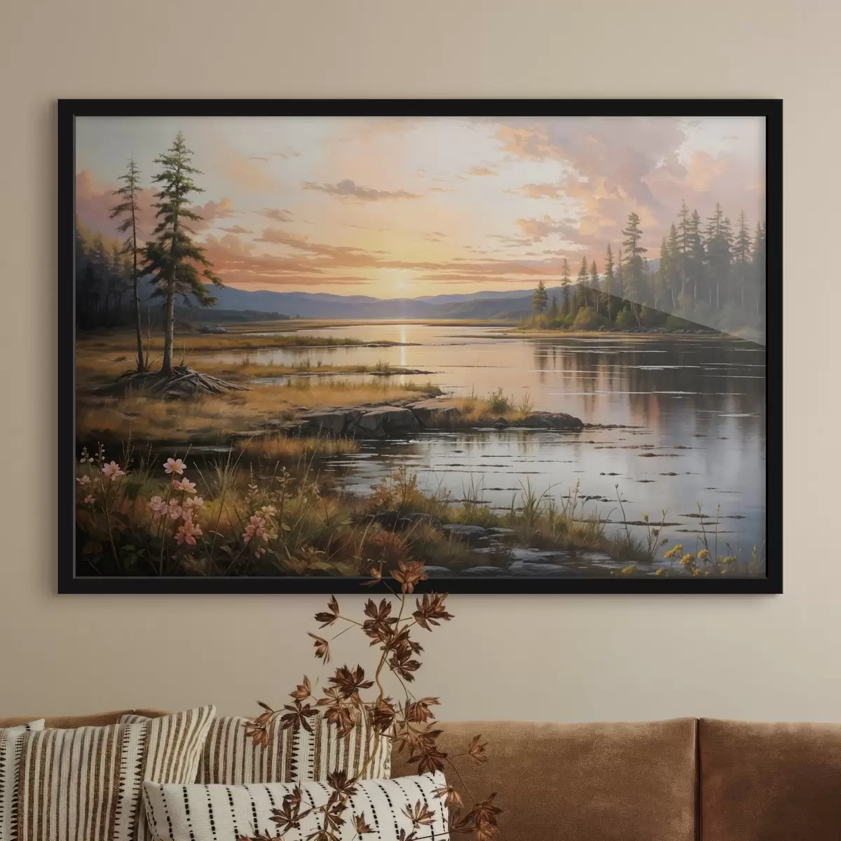 Poster Un paesaggio sereno con un lago circondato da pini che riflette i colori caldi del cielo al tramonto f41733